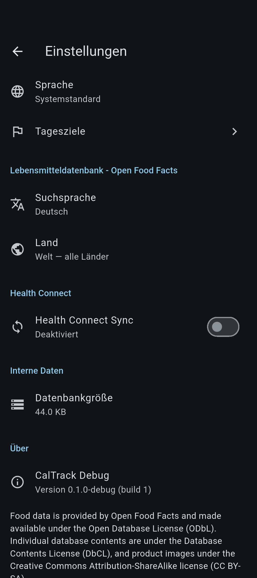 CalTrack Einstellungen: Sprache, Tagesziele, Open Food Facts und Health-Connect-Optionen