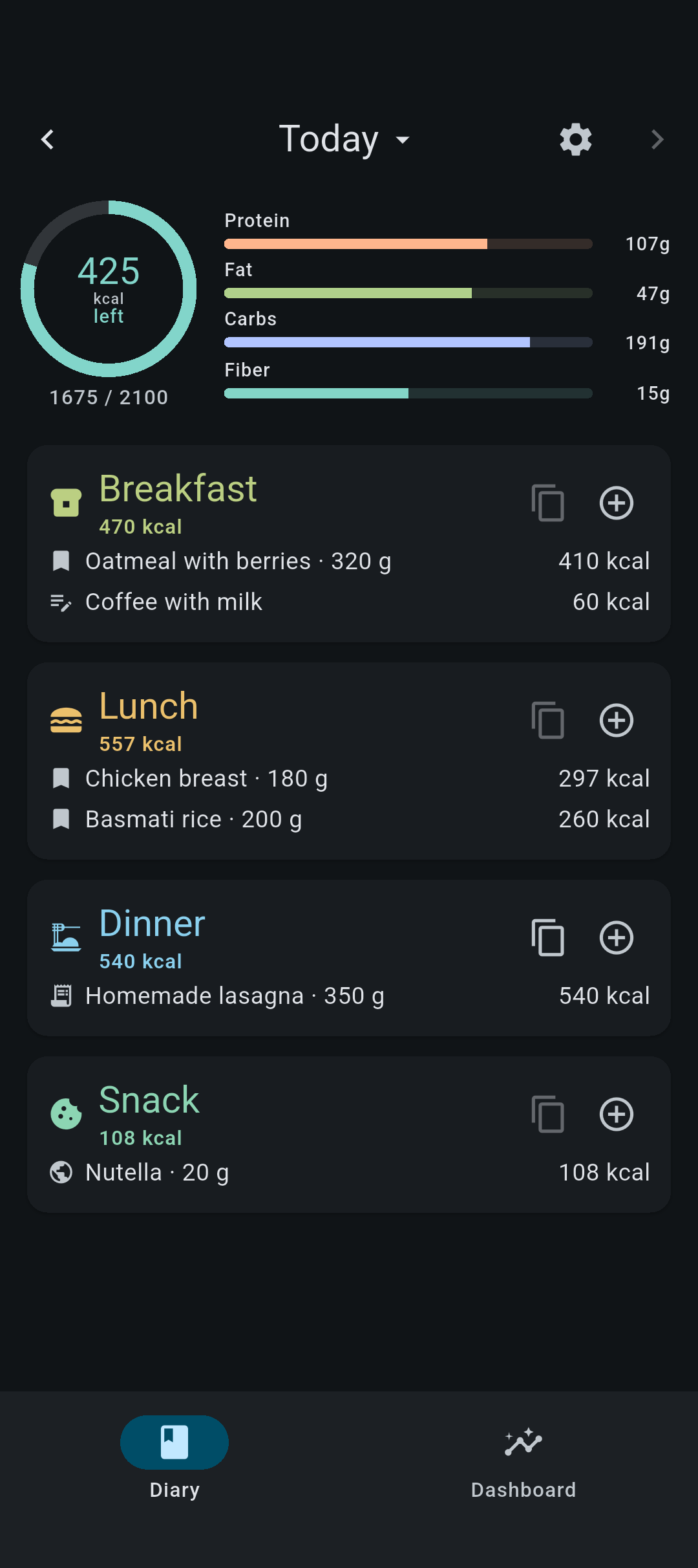 Calority diary screen: meals grouped into breakfast, lunch, dinner and snacks with calories and macro bars