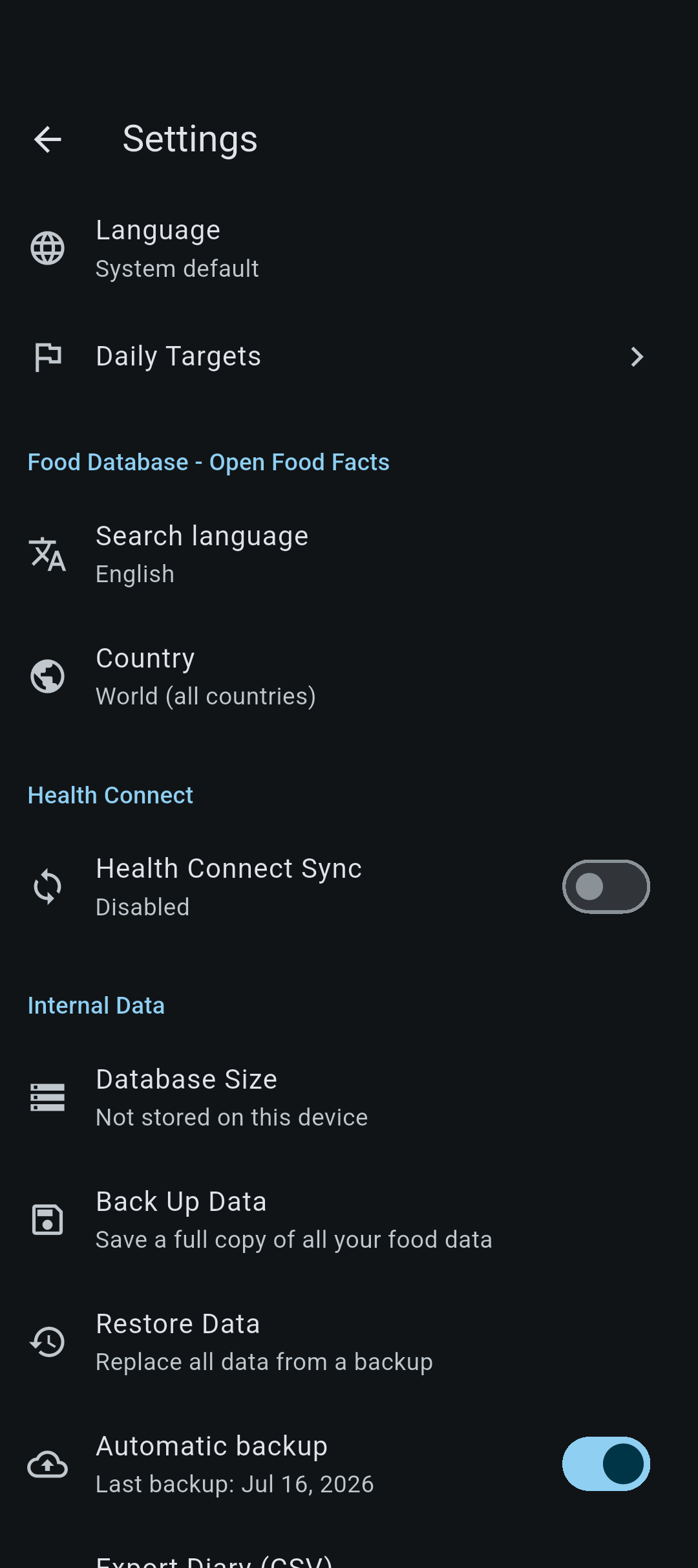 Calority settings screen: language, daily targets, Open Food Facts and Health Connect options