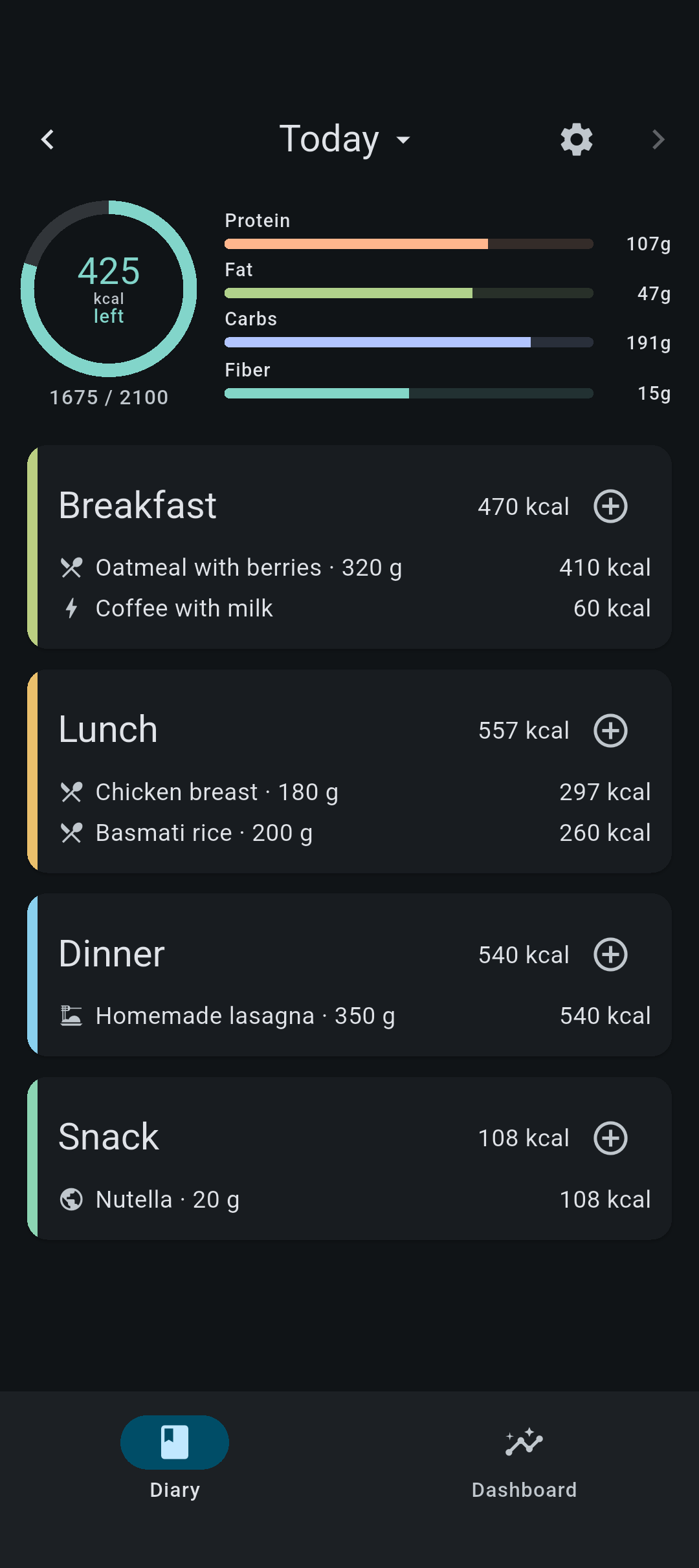 Diary screen with meals grouped by breakfast, lunch, dinner and snack