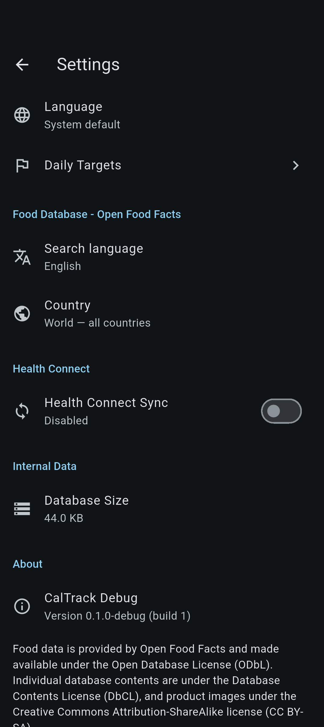 Settings screen showing language, daily targets, Open Food Facts and Health Connect options
